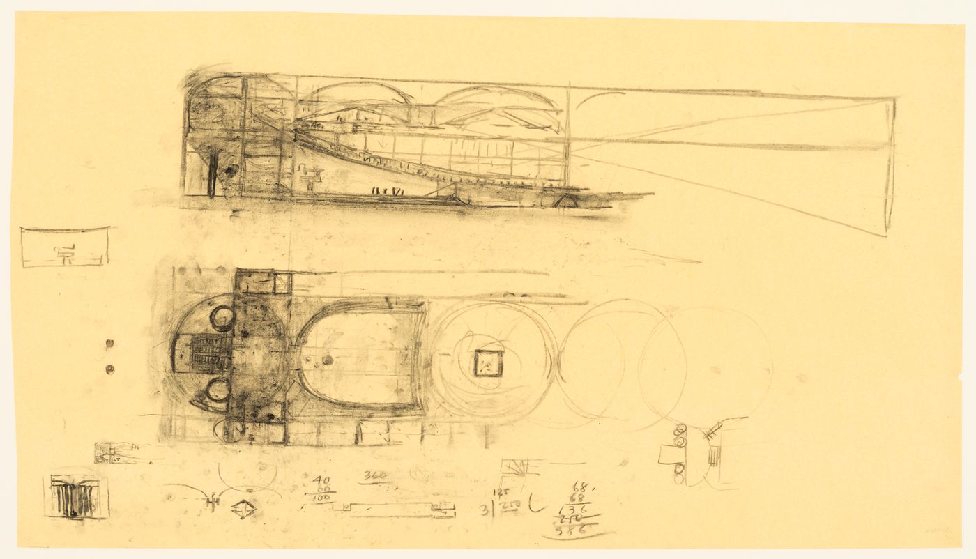 Partial plan and elevation, with thumbnail sketches, for the Palazzo dei Congressi, Venice, Italy