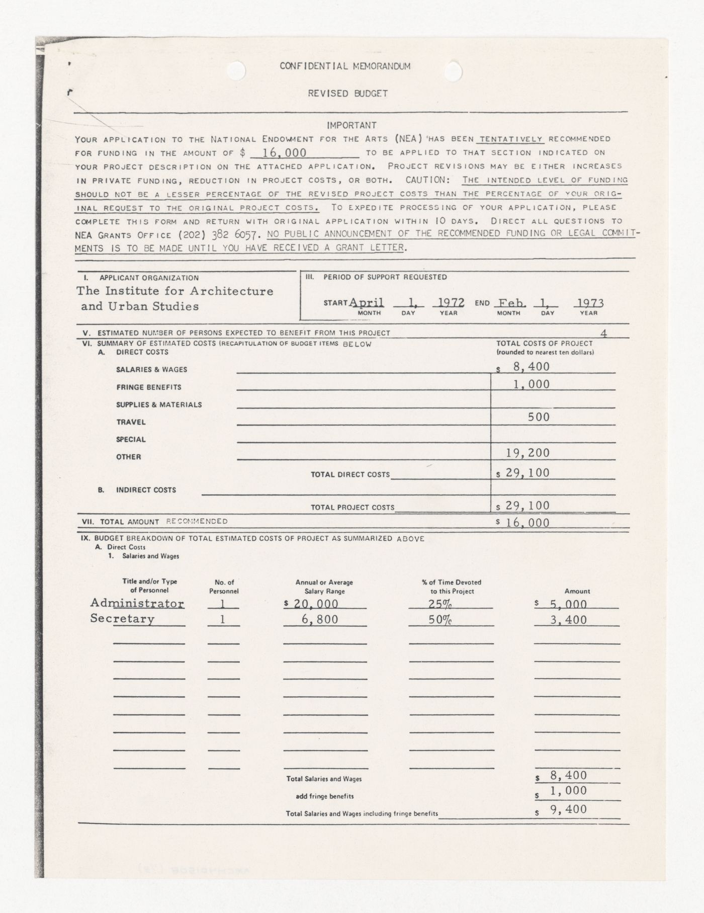 Revised budget for grant application to the National Endowment for the Arts (NEA)