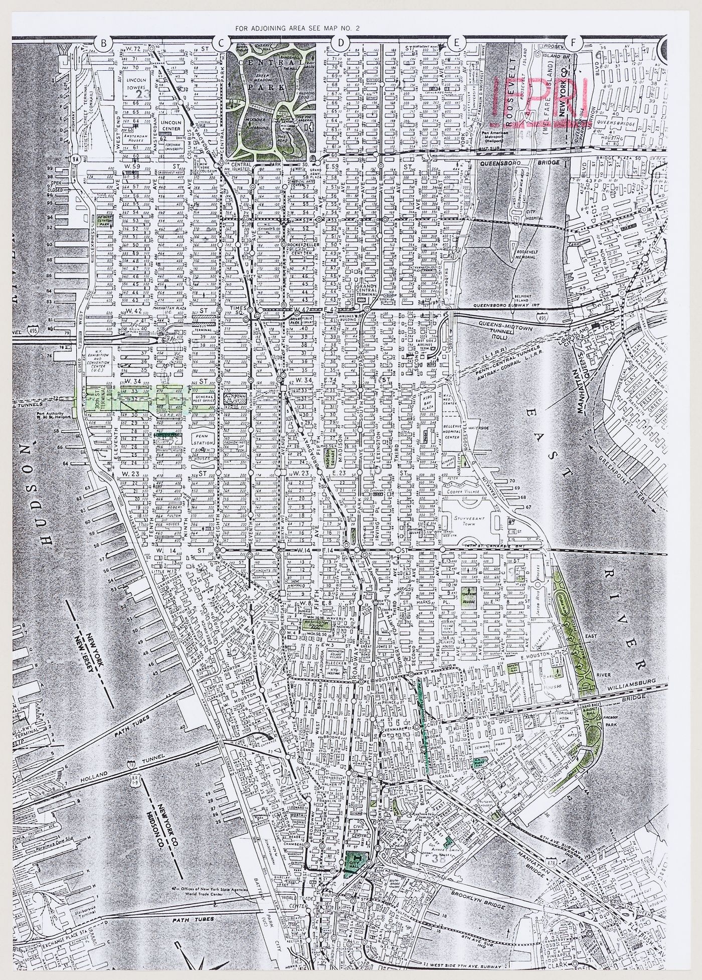 Map of Manhattan with site for the IFCCA Prize for the Design of Cities competition and other landmarks highlighted (document from the IFPRI project records)