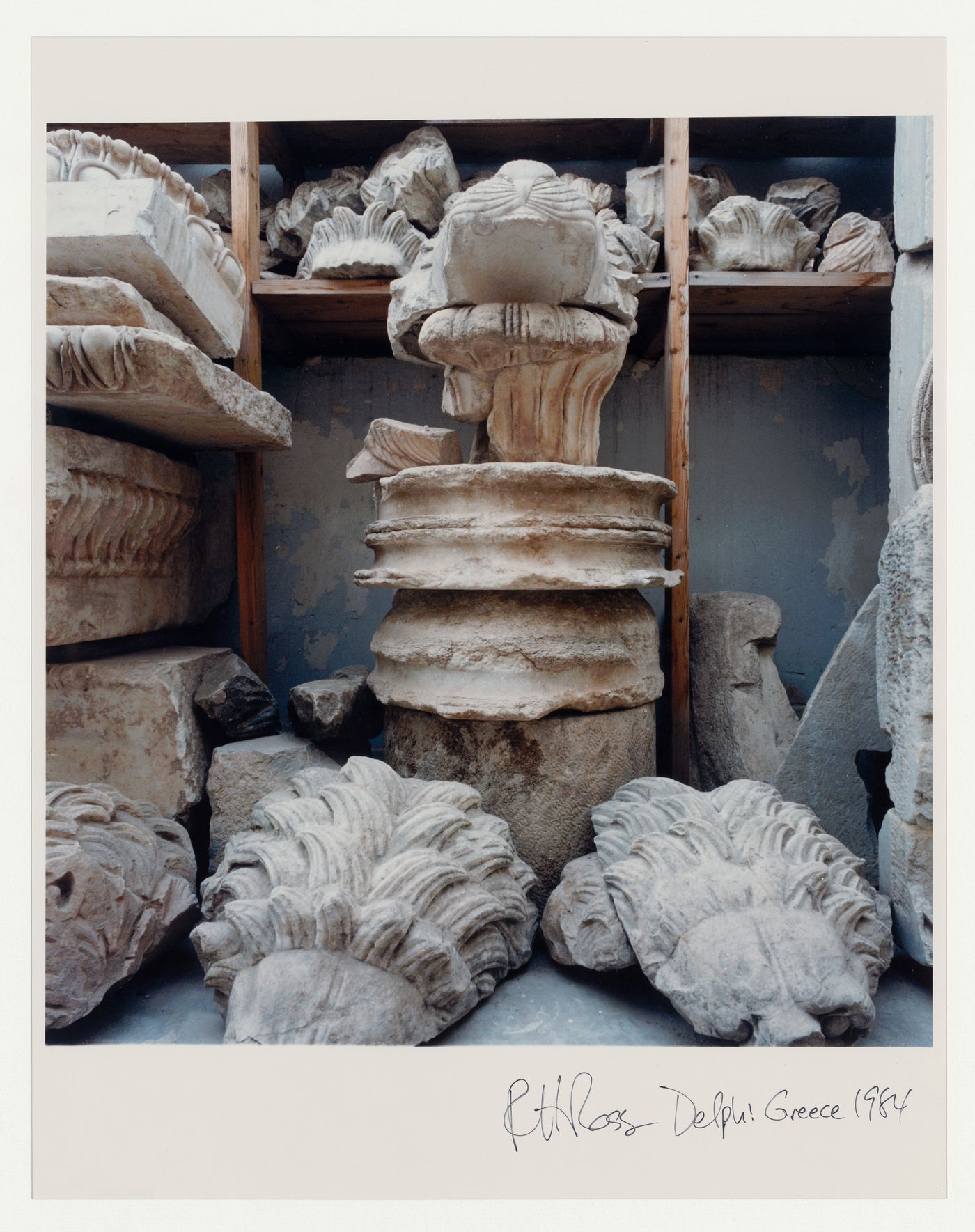 Close-ups of stone fragments in the museum, Corinthian column fragments in foreground, Delphi, Greece