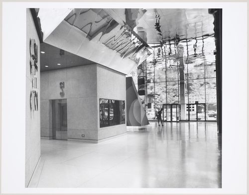 Interior view of the entrance doors and elevator bays of the 200 West Monroe Building, Chicago, Illinois, United States