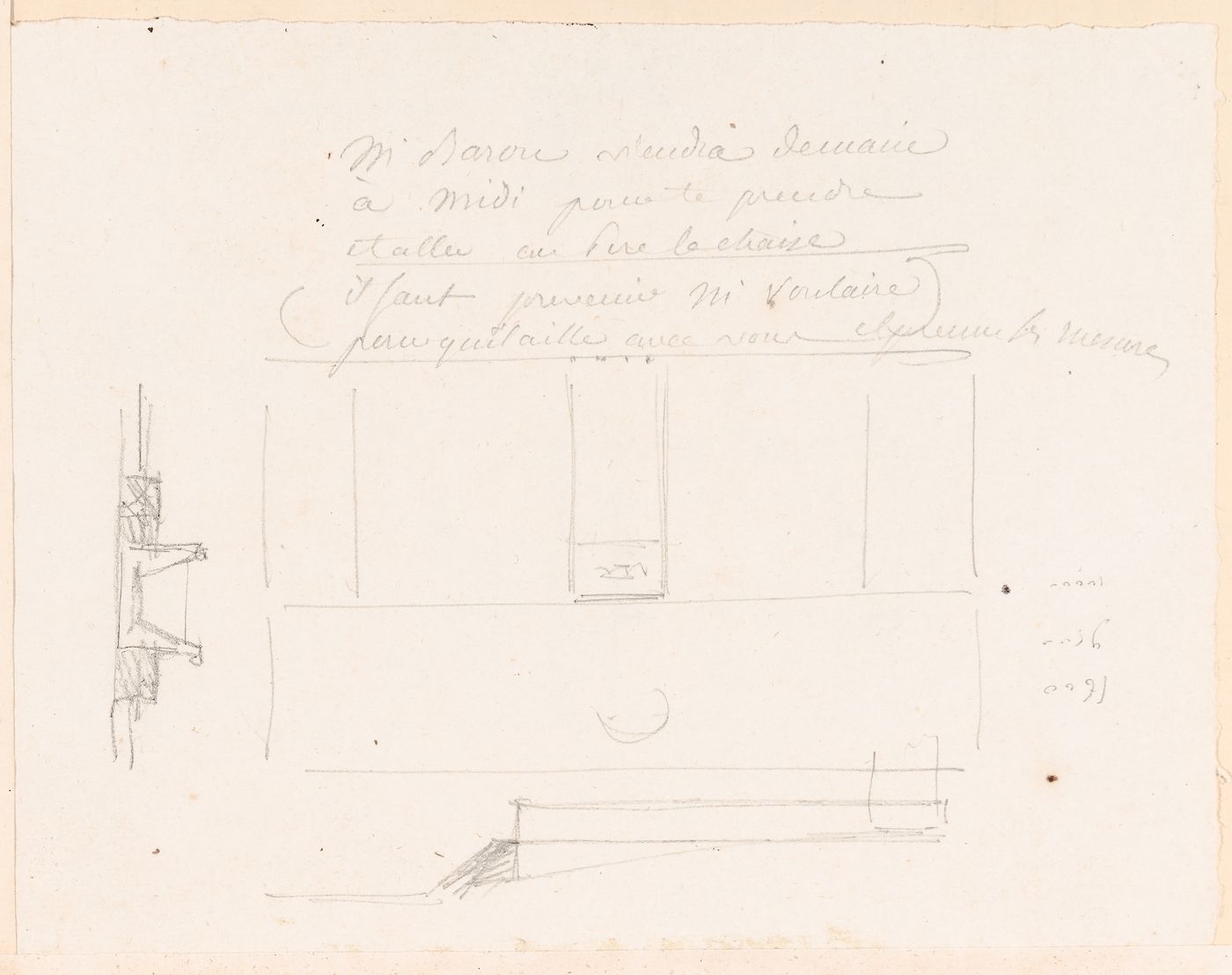 Project for Clos d'équarrissage, fôret de Bondy: Sketch plan and perspective view for an unidentified building; verso: Project for Clos d'équarrissage, fôret de Bondy: Sketch elevation for a building, perhaps a "hangar"