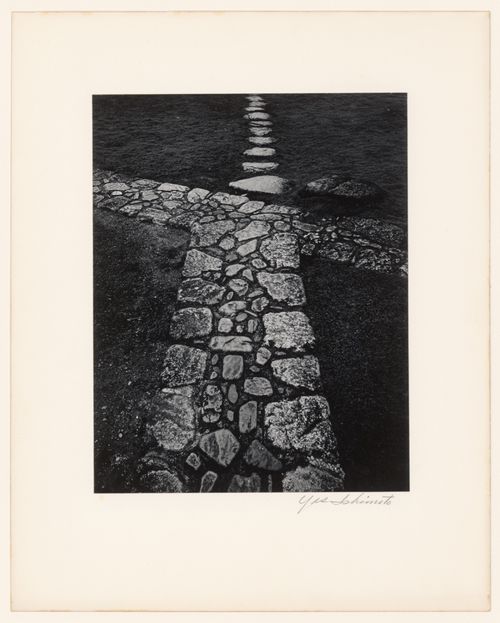 View of paving stones, stepping-stones, plants and moss in front of the broad veranda of the Old Shoin, Katsura Rikyu (also known as Katsura Imperial Villa), Kyoto, Japan