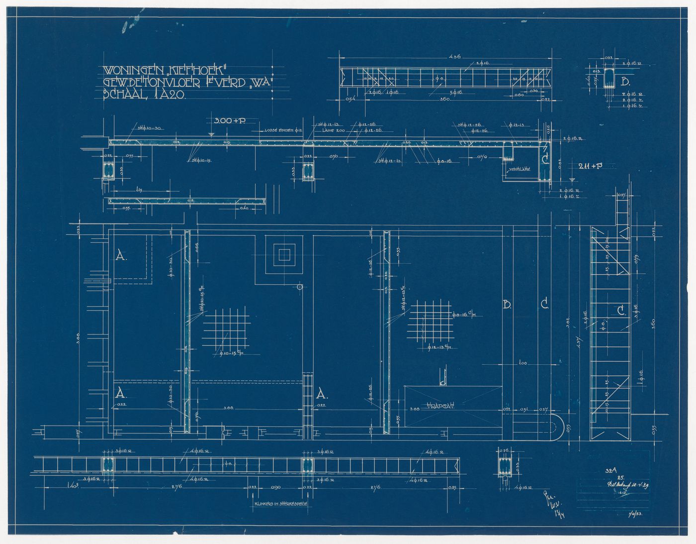 Plan and details for a concrete floor for a type WA housing unit for Kiefhoek Housing Estate, Rotterdam, Netherlands