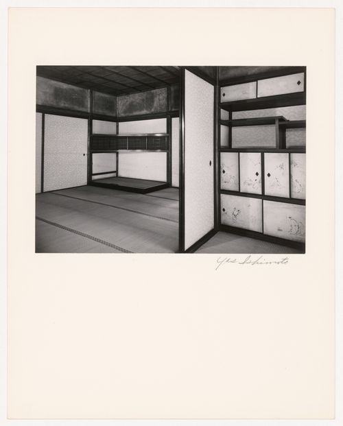 Interior view of the Imperial Bedroom and the Dressing Room in the New Palace (also known as the New Goten) showing the tokonoma [alcove], the Sword Shelf and paintings on shelves, Katsura Rikyu (also known as Katsura Imperial Villa), Kyoto, Japan