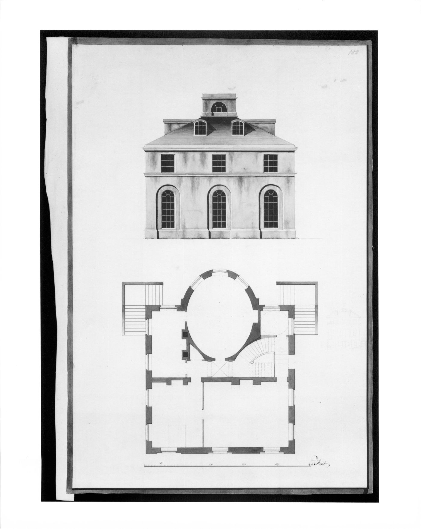 Design for a house - side elevation and plan