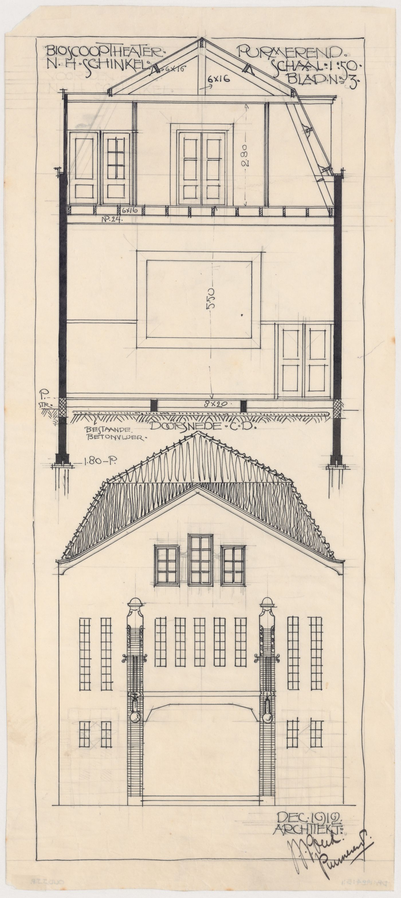 Elevation and section for Schinkel Cinema, Purmerend, Netherlands