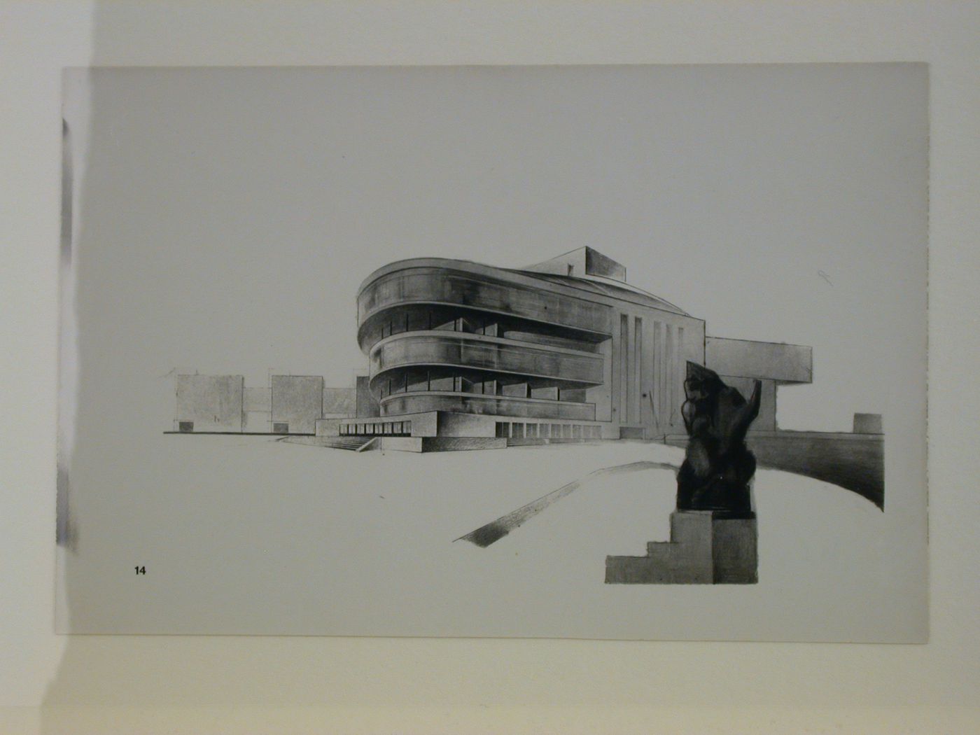 Photograph of a perspective drawing for a competition [?] for a Massed Musical Performance Theater, Kharkov, Soviet Union (now in Ukraine)