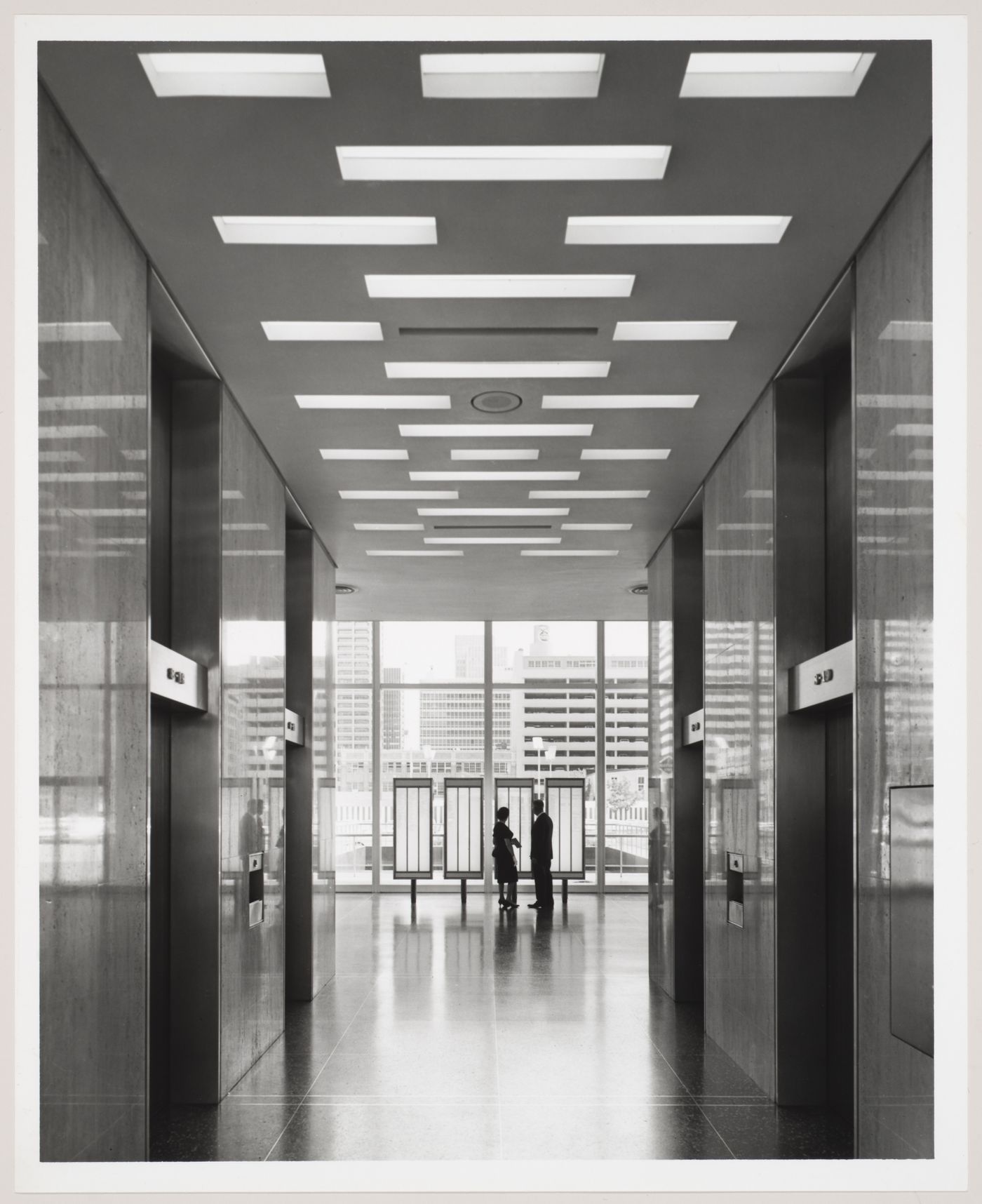 Interior view of the elevator area on the ground floor of the Humble Oil Building (now Exxon), Houston, Texas, United States