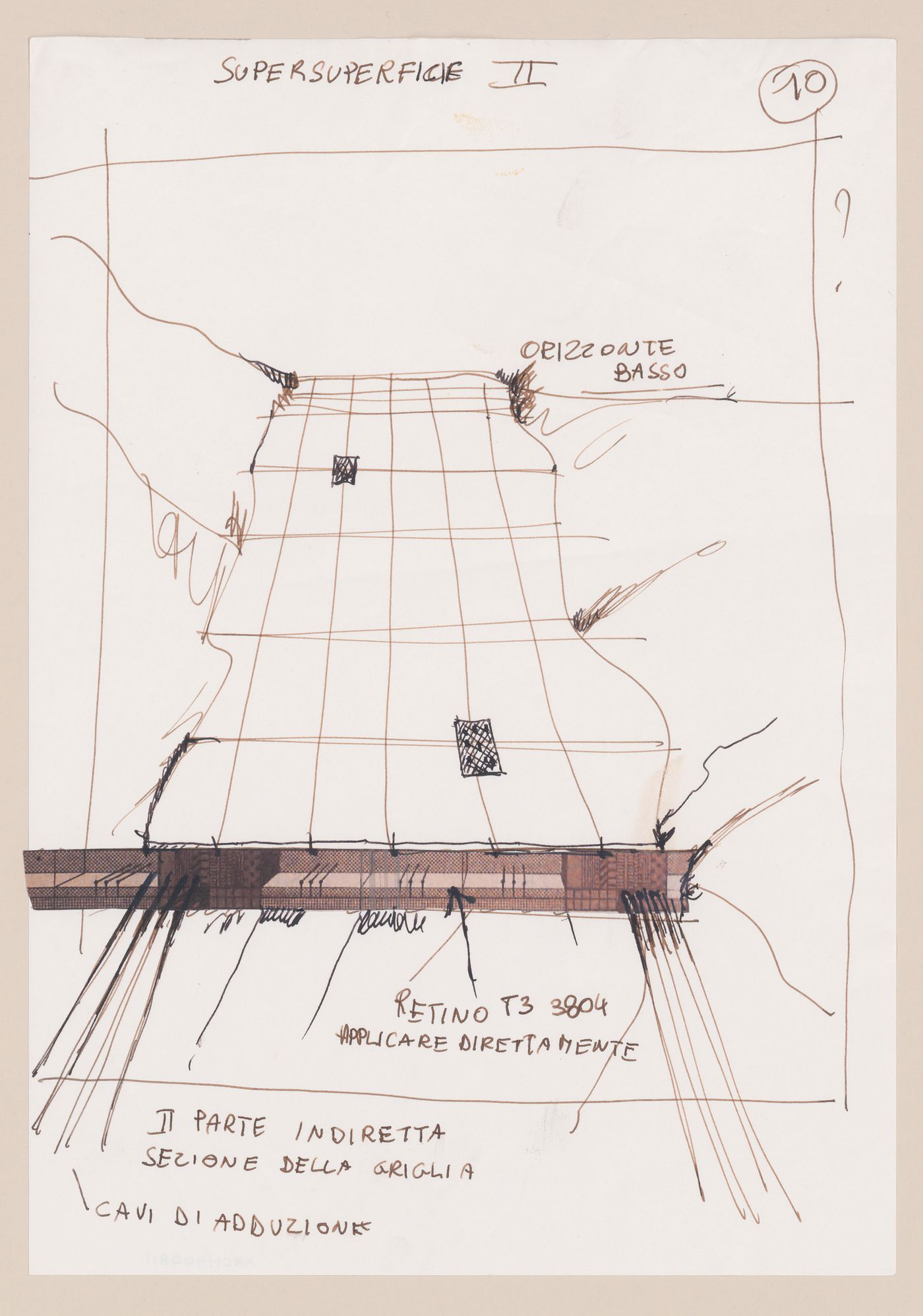 Page 10 of a storyboard describing filming locations and planning sketches of various scenes for Supersuperficie [Supersurface]