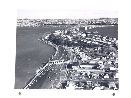 Aerial view of the Auckland Harbour Bridge, over the Waitematā Harbour, Auckland, New Zealand