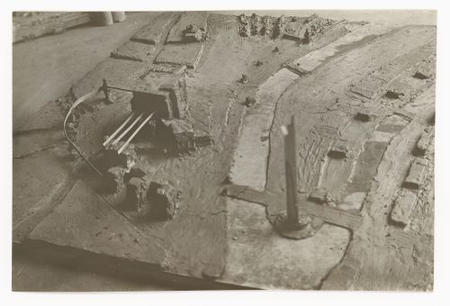Close-up partial view of a site model for a Palace of Soviets, Moscow