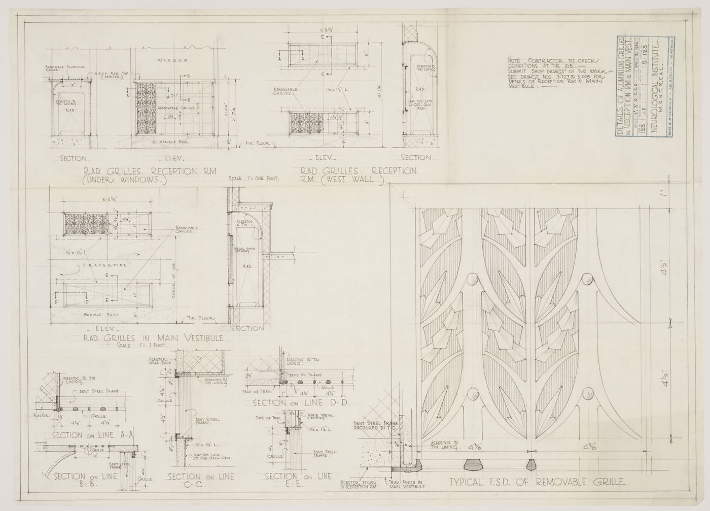 Montréal Neurological Institute, Montréal, Québec: detail drawing for aluminium grilles in reception room and main vestibule