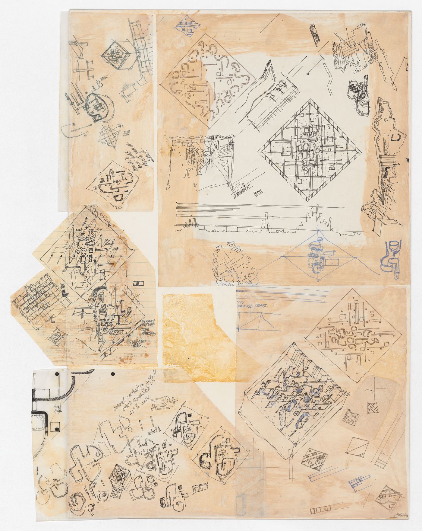 Collaged sketches with annotations for Diamond House