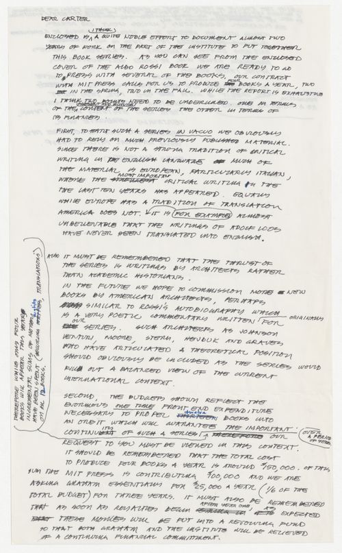 Draft letter from Peter D. Eisenman to Carter H. Manny Jr. about IAUS publishing program