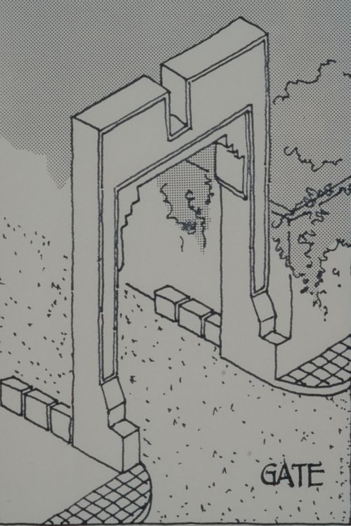 Axonometric view of gate for the Aranya Housing Project, Indore, India