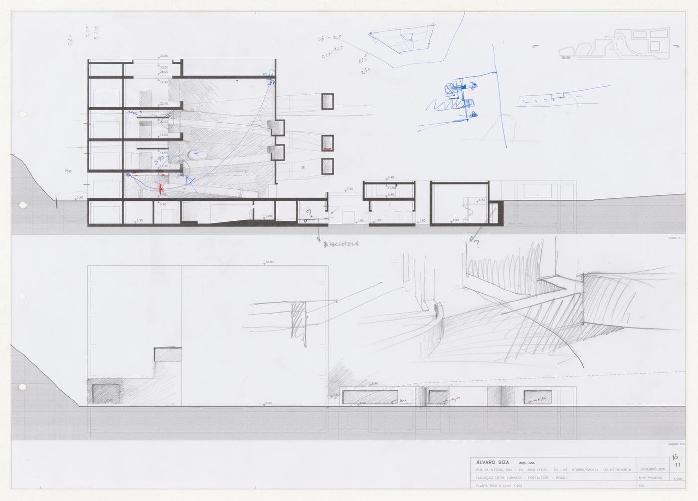 Section and sketches for C. Cultural e Audit. para a Fundação Iberê Camargo [Iberê Camargo Foundation Museum], Porto Alegre, Brazil