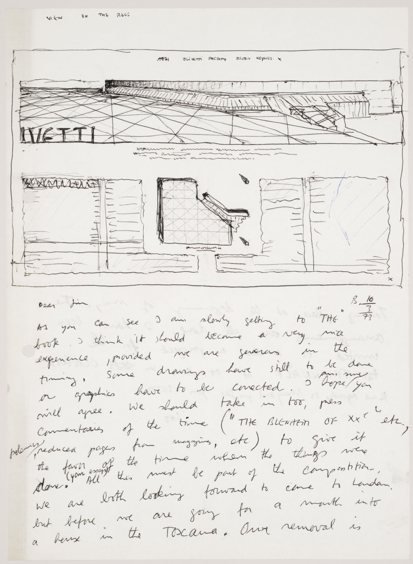 Letter from Leon Krier to James Stirling (with plan and perspective for Olivetti Headquarters, Milton Keynes)