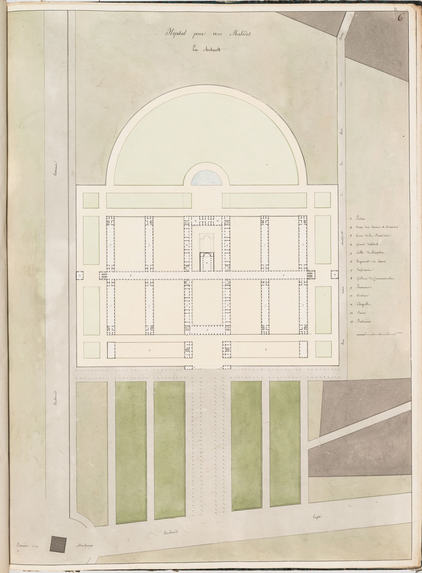 Ideal hospital for 1200 patients near the barrière de Monceau, Paris: Site plan number six