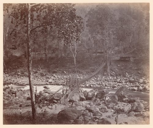 View of a cane footbridge over the Ranjit River, Darjeeling, India