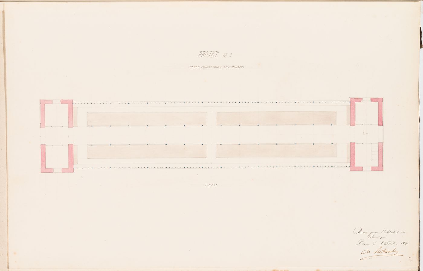 Plan for a "serre chaude" with two curved glass roofs and two pavilions for Monsieur Fauquet-Lemaitre