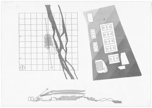 Site plan, floor plan and section, Odawara Municipal Sports Complex, Odawara, Kanagawa, Japan