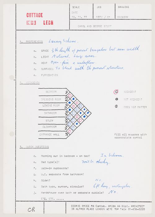 Cottage High Legh Extra: enquiry form addressed to the clients, with answers