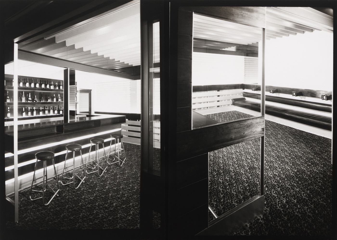 Interior views of the bar and reception hall at the Mostyn Hotel, London, England