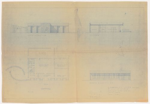 Elevations, sections, and plan for Community club (staff club), Talwara, India