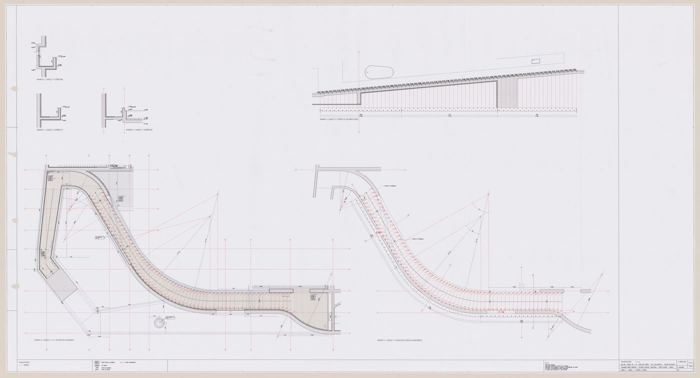 Plan for ramp 2 with section and details for C. Cultural e Audit. para a Fundação Iberê  Camargo [Iberê  Camargo Foundation Museum], Porto Alegre, Brazil