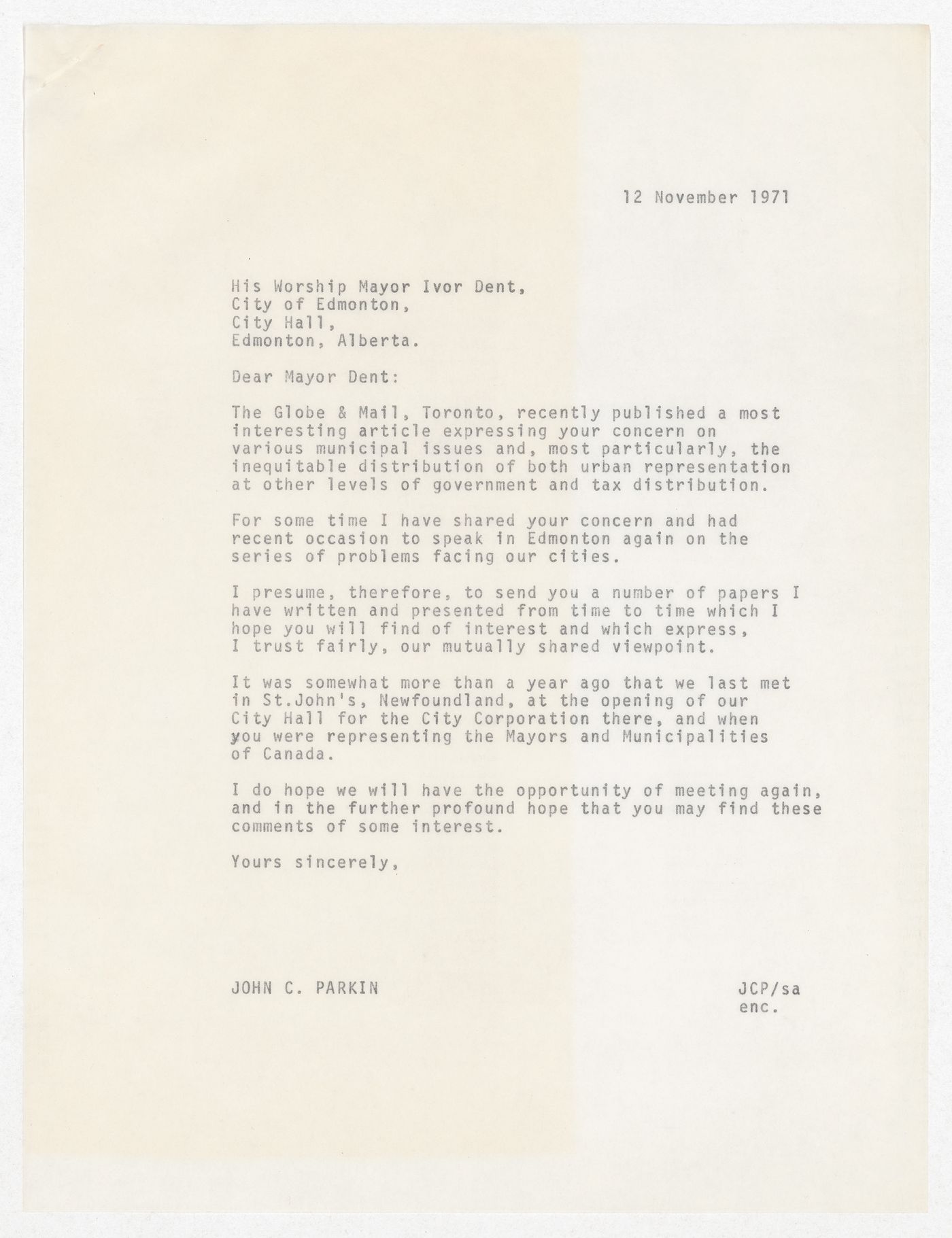 Letter from John C. Parkin to Edmonton Mayor Ivor Dent with attached newspaper clipping