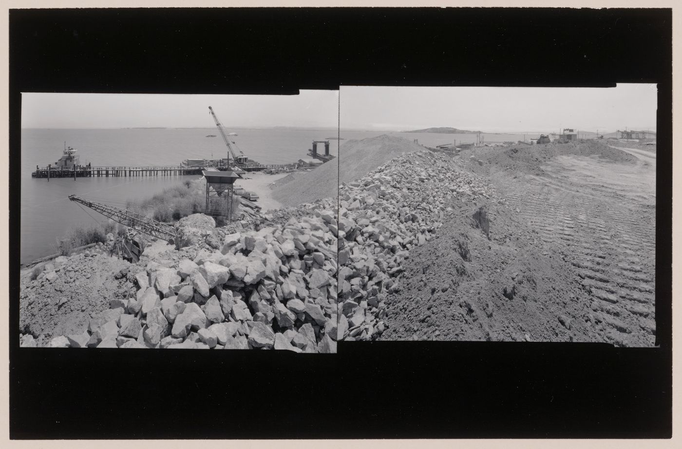 Panoramic composite photograph of the San Rafael Rock Quarry showing the waterfront at San Francisco Bay with docks in the distant right, Point San Pedro, San Rafael, Marin County, California, United States