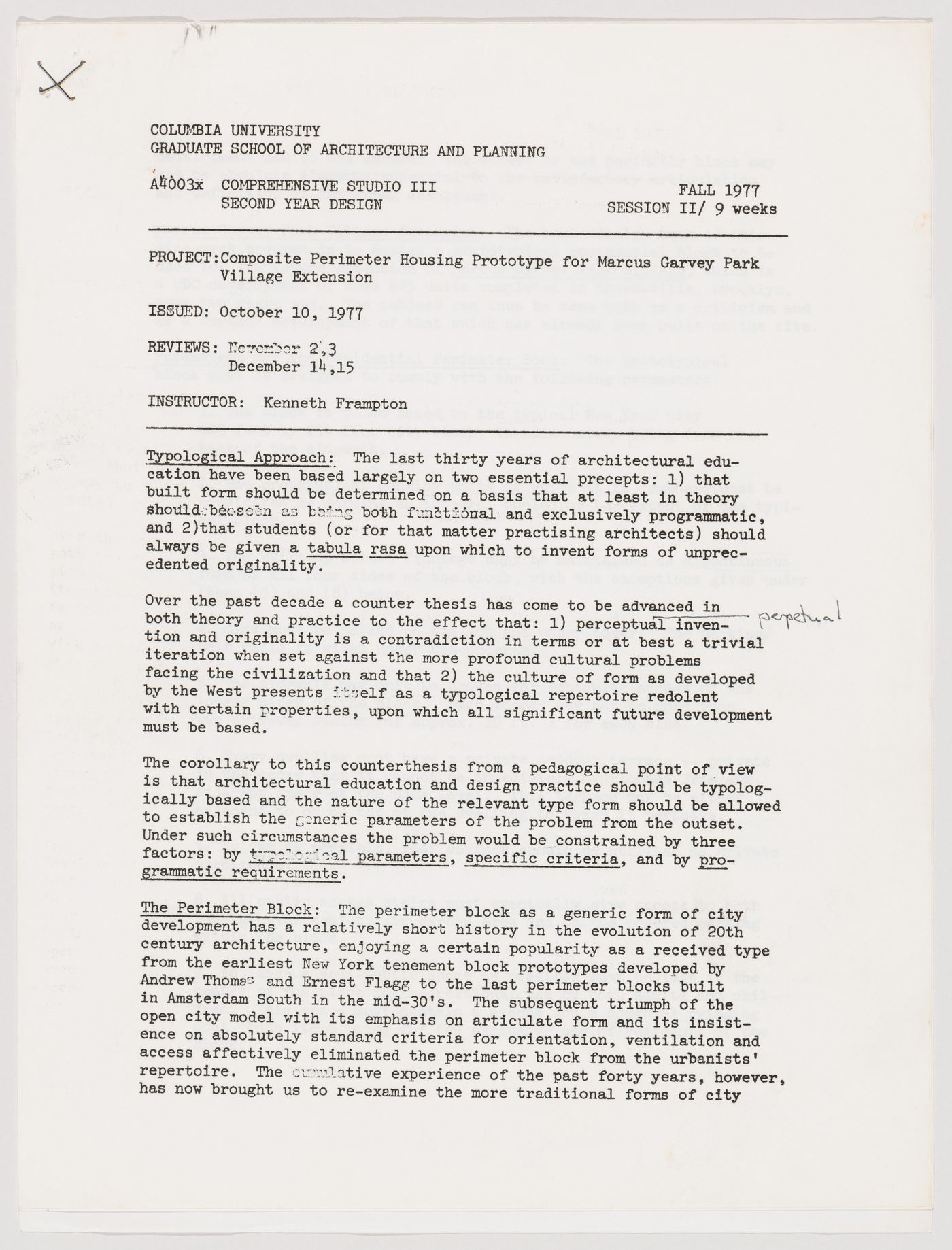 Syllabus for A4003x Comprehensive Studio III, Second Year Design, Columbia University's Graduate School of Architecture, Planning and Preservation