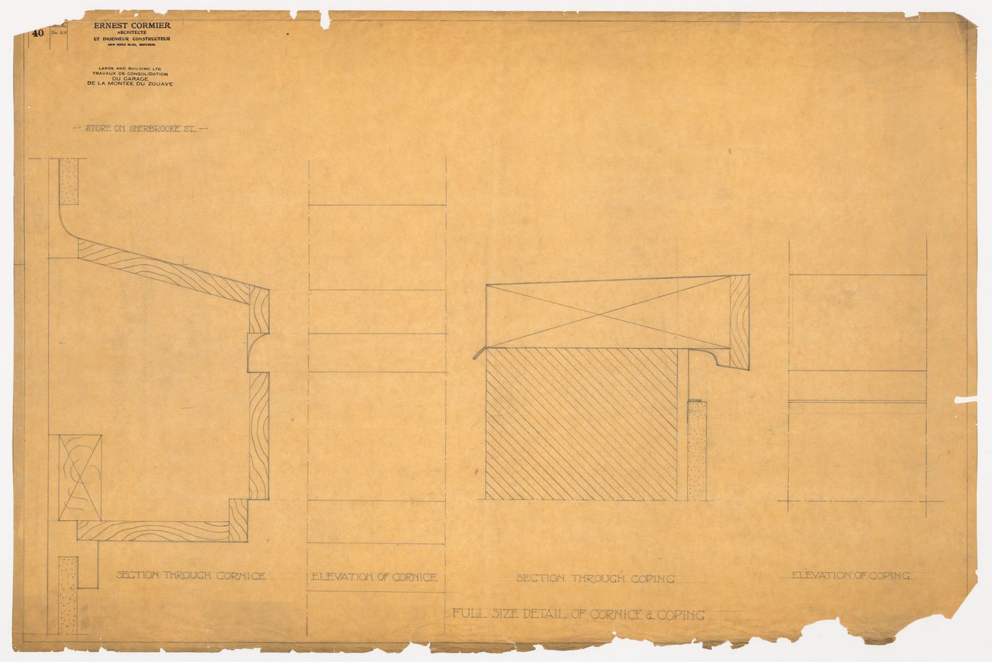Détails de la corniche, Garage de la Montée du Zouave, Montréal