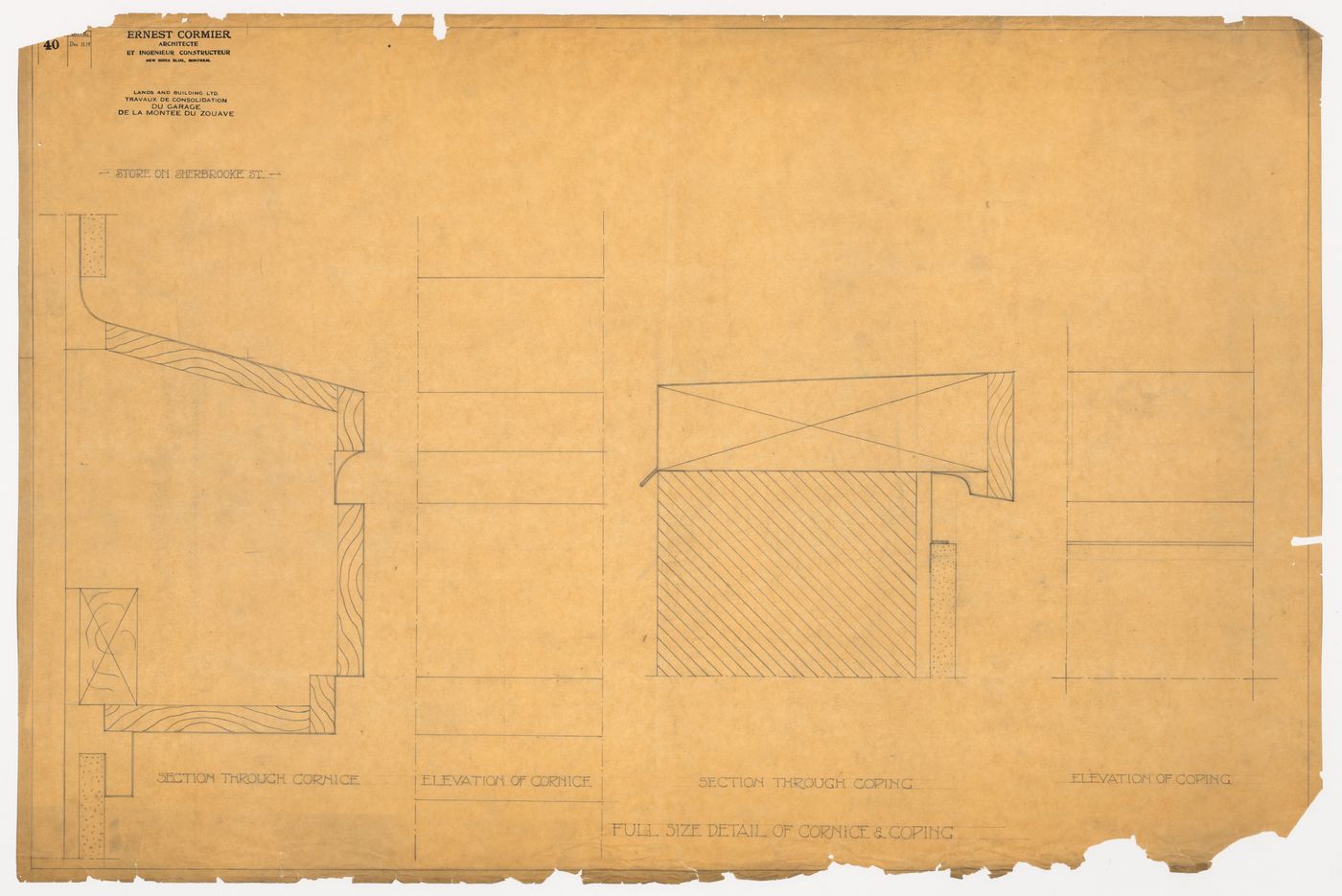 Détails de la corniche, Garage de la Montée du Zouave, Montréal