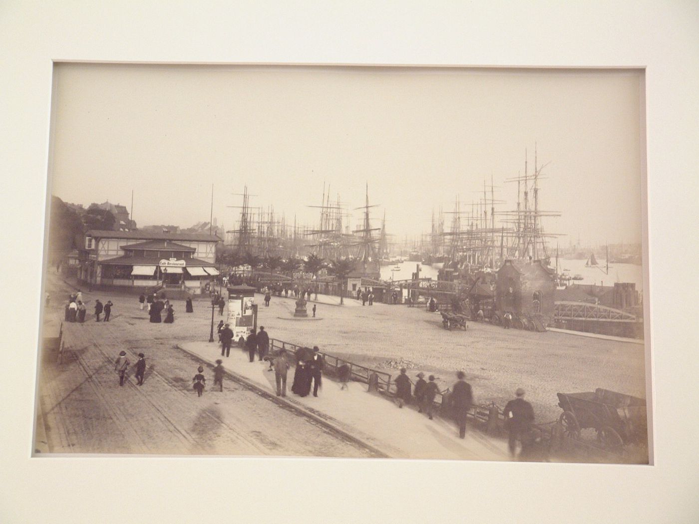 View of Elbe River, harbor and docking/unloading ramps, Hamburg, Germany