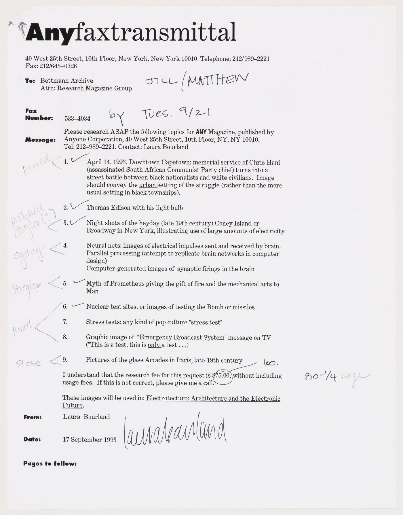 Fax to Bettmann Archive regarding picture research for the ANY magazine issue "Electrotecture: Architecture and the Electronic Future"