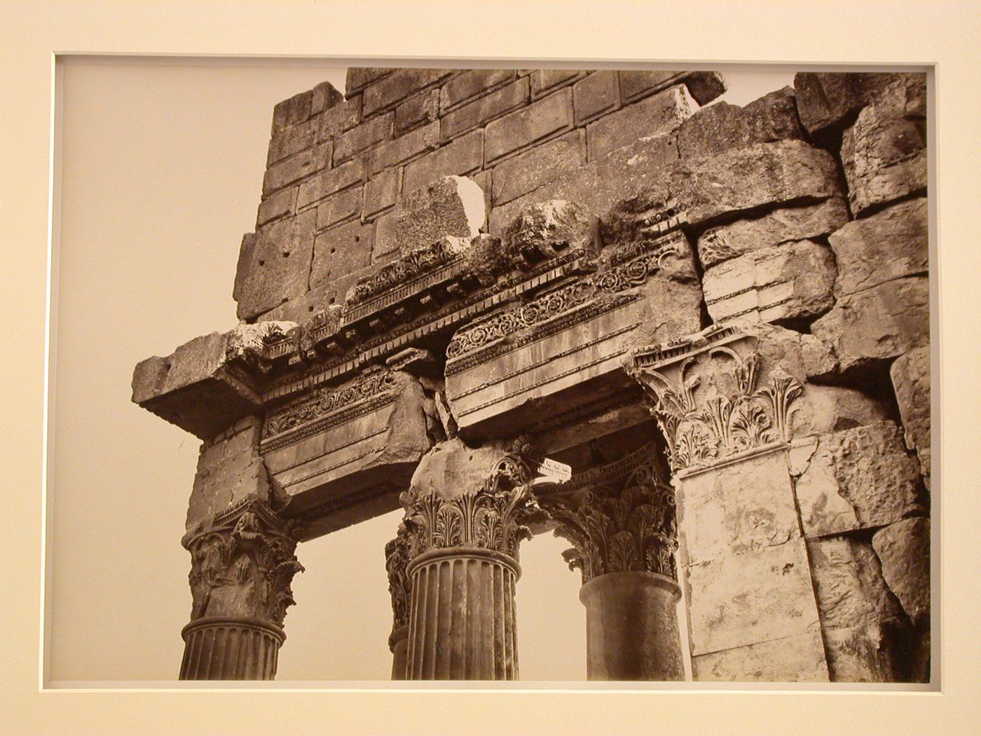 Temple of Bacchus, view of top corner of portico, showing column capitals, Balabaakk, Lebanon