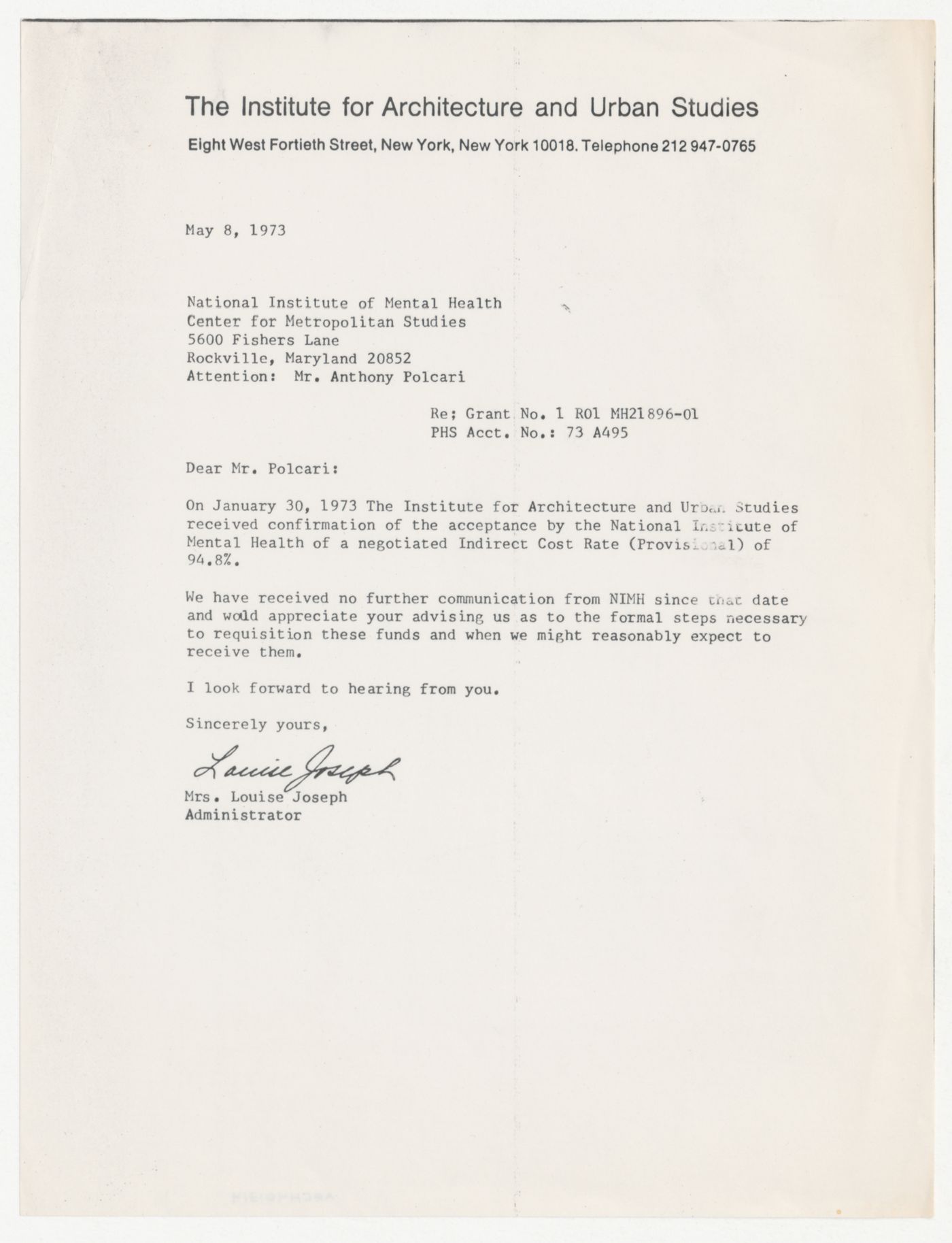 Letter from Louise Joseph to Anthony Polcari about funding for Program in Generative Design from the National Institute of Mental Health (NIMH) / Department of Health, Education, and Welfare