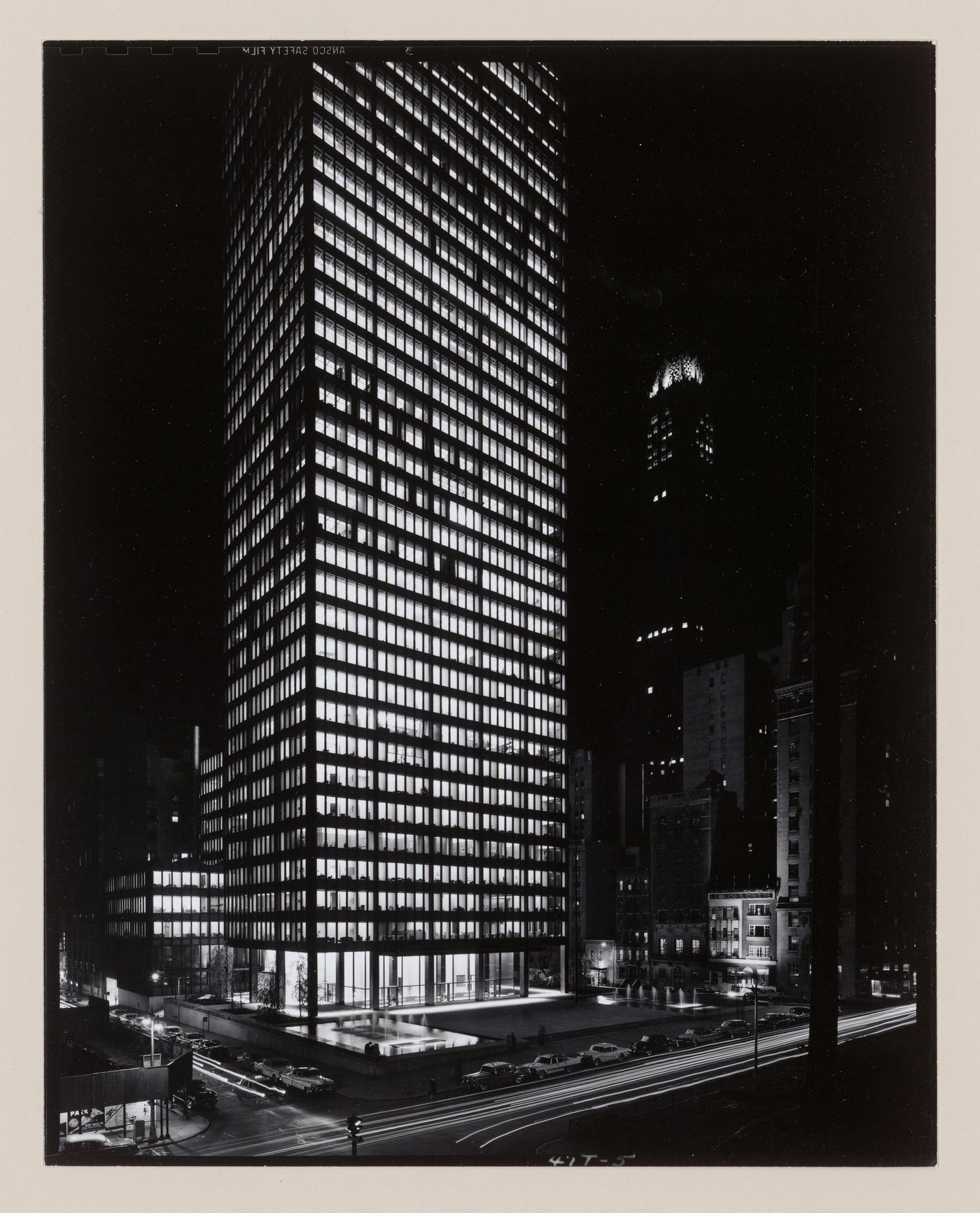 Partial view of the Seagram Building and plaza at night from across the street, New York City