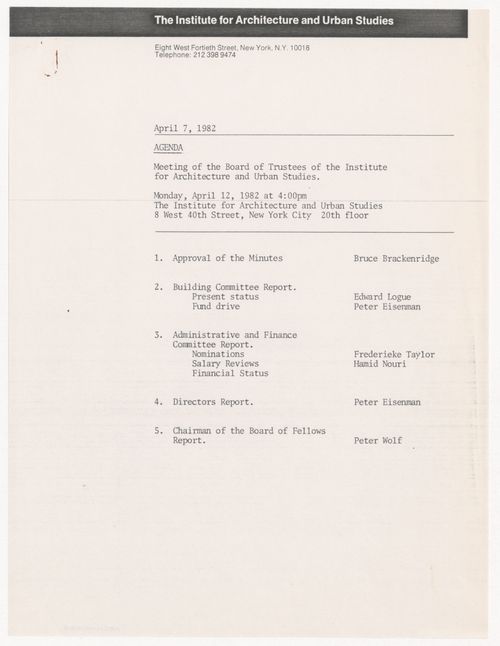 Agenda for meeting of the Board of Trustees