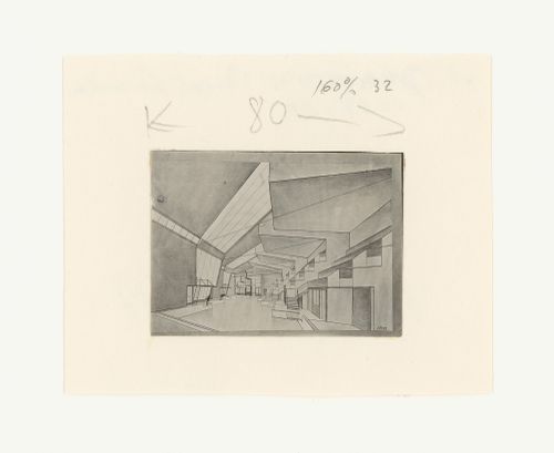 Photograph of a student drawing by L. Grinshpun on the topic "Exercise on Finding the Expressiveness of Construction. Swimming Pool" for the "Space" course at the Vkhutein (Moscow Higher Technical Institute), Moscow