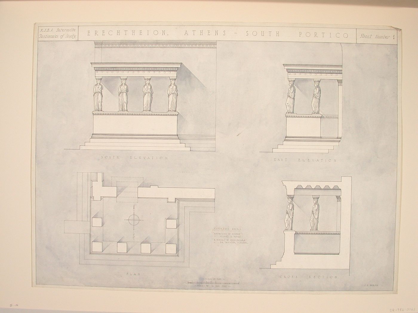 Testimony of study drawing showing plans, sections and elevations of the South Portico of the Erechtheion, Athens