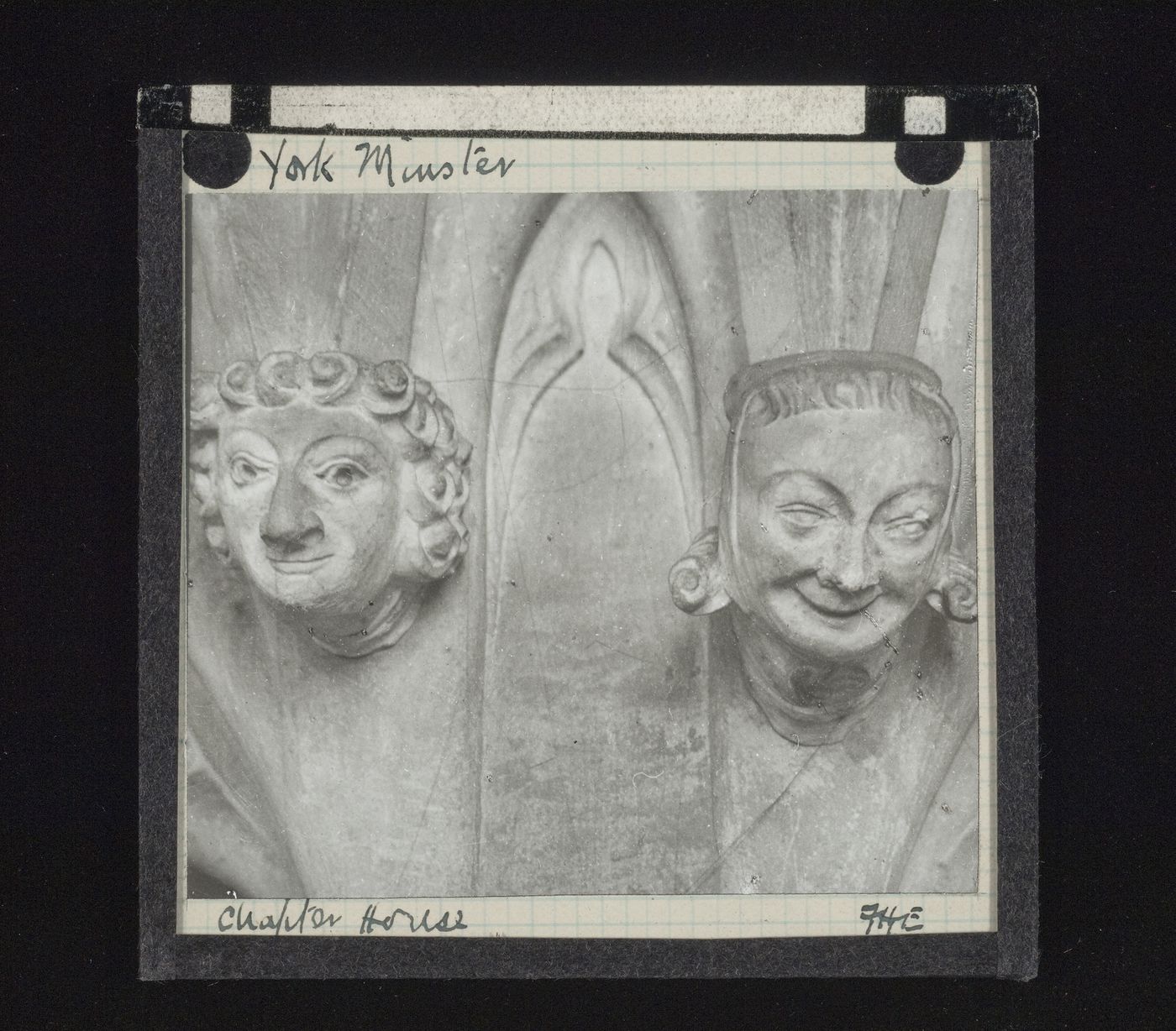 View of two sculptures of heads in Chapter House of York Minster, York, North Yorkshire, England