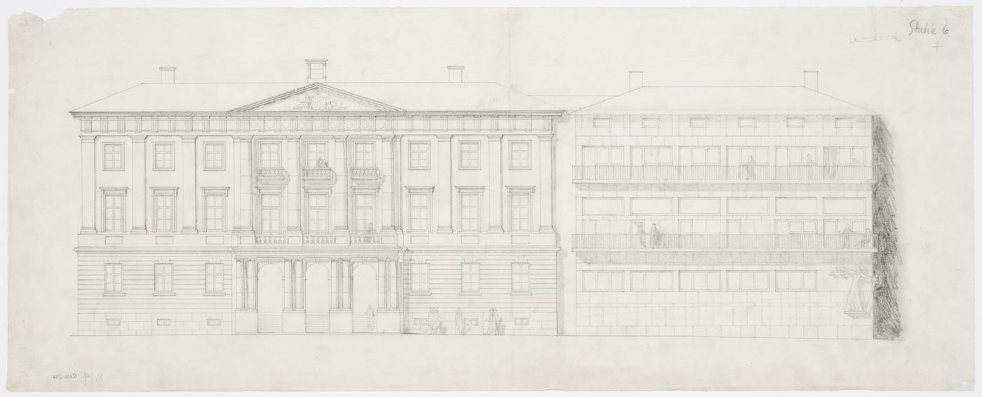 Elevation for the principal façade for the 1934-1937 design for Göteborg rådhusets tillbyggnad [courthouse annex] showing the Göteburg rådhus [courthouse], Göteborg, Sweden