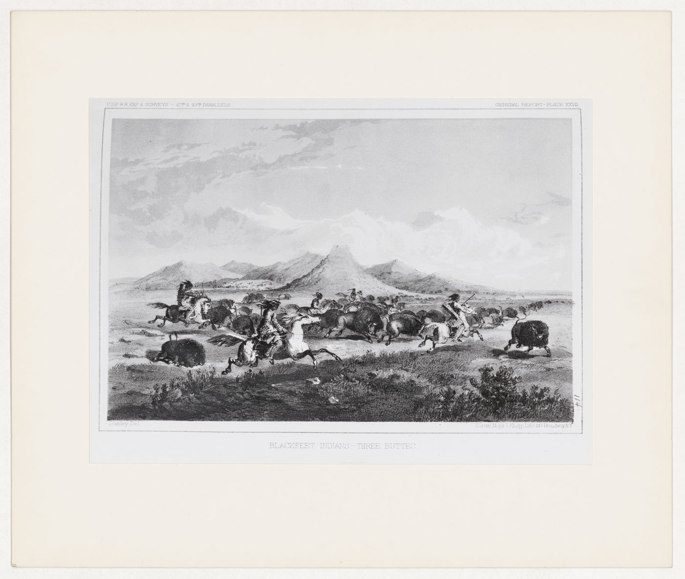 Photograph of a lithograph of an 1853 drawing, by John Mix Stanley, depicting Ampskapi Piikani (Blackfeet Nation) members hunting buffalo, Montana, United States