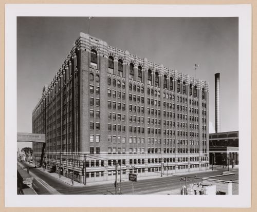 View of the principal and lateral façades of the Engineering Building, General Motors Corporation Automobile Assembly Plant [?], Detroit, Michigan