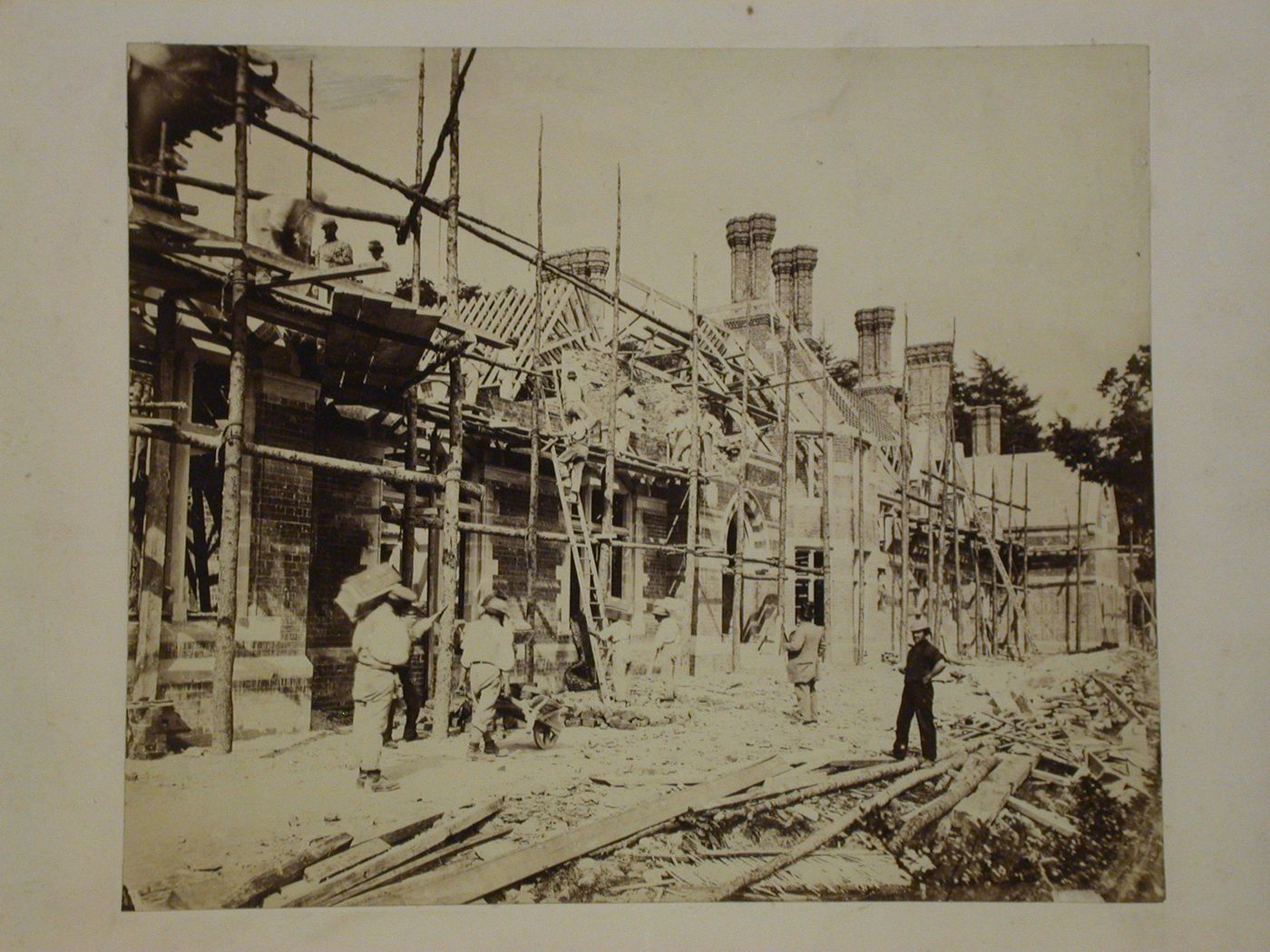 Partial view of the garden façade of Voelas Hall under construction, Pentrefoelas, Denbighshire, Wales