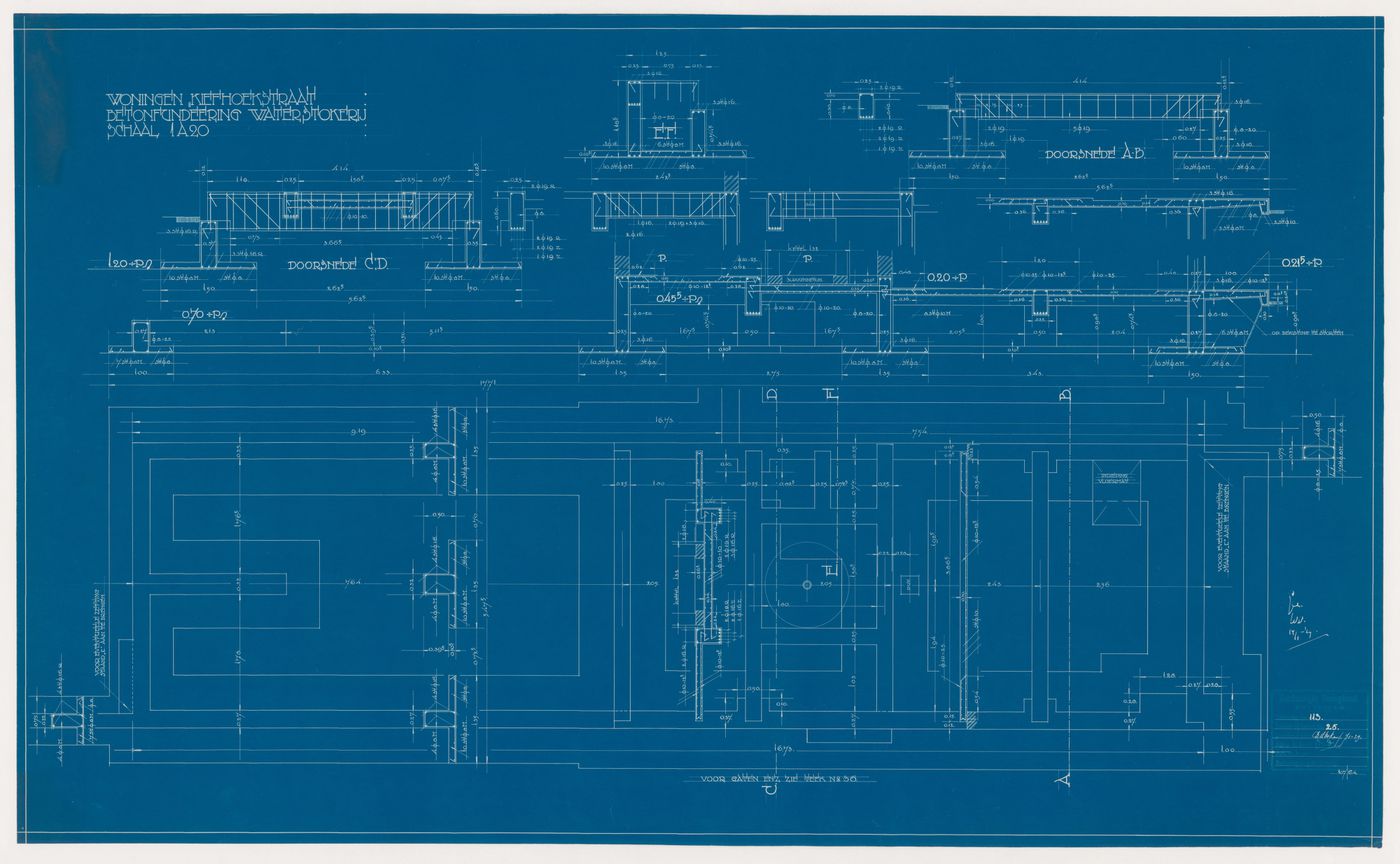 Plan, partial plans and sections for the concrete foundation for a water distillery for Kiefhoek Housing Estate, Rotterdam, Netherlands