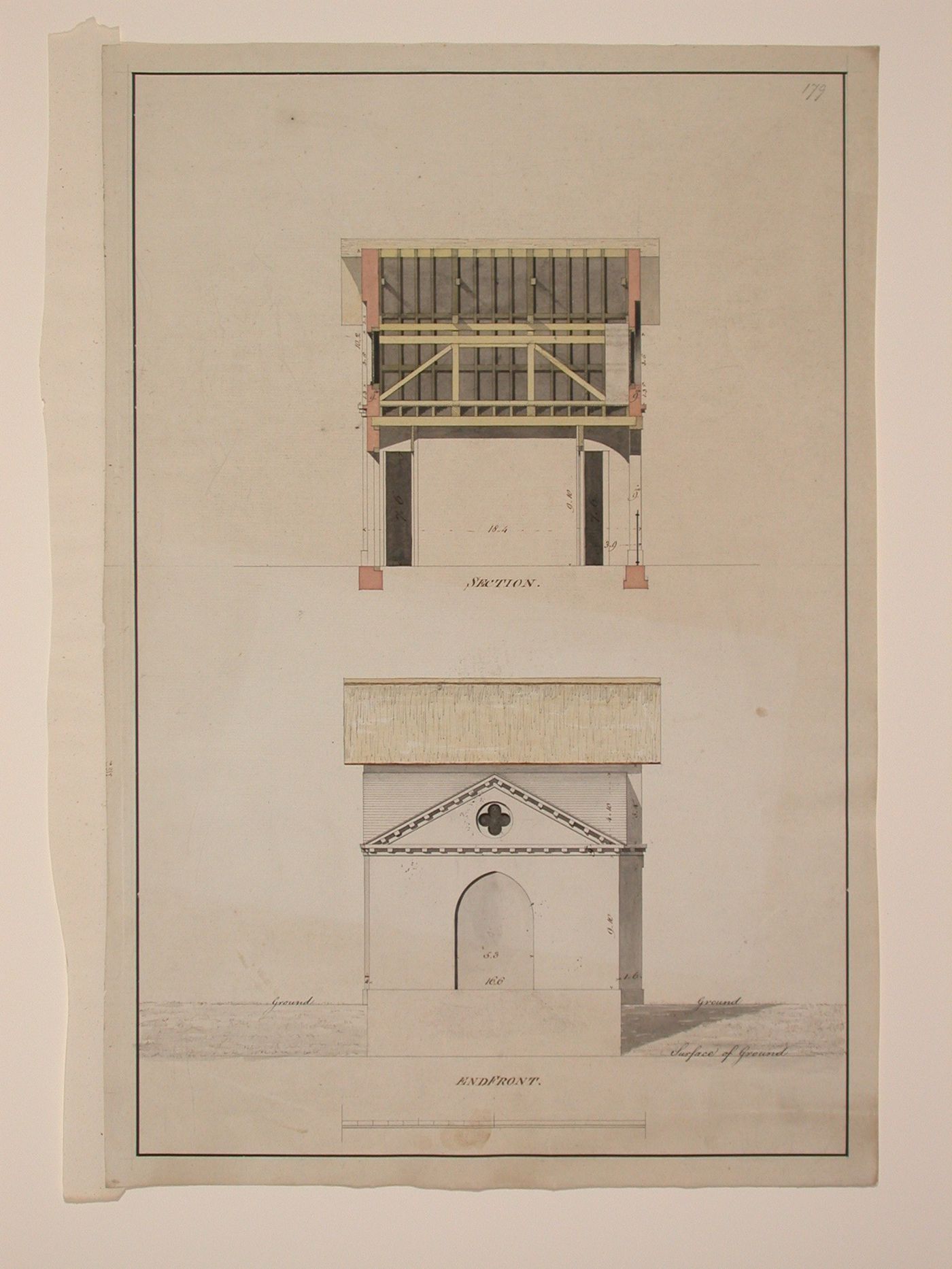 Designs for a thatched barn - side elevation and section